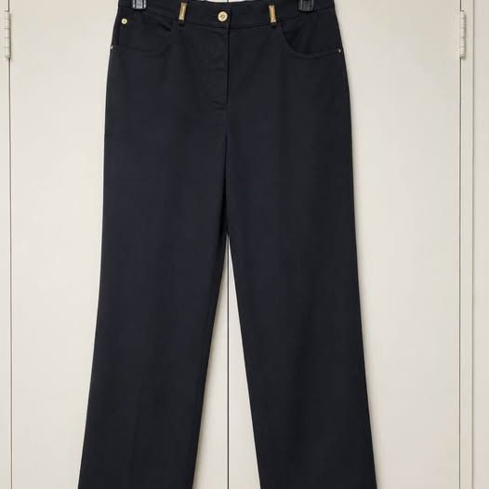 St. John Sport Straight Leg Pants Size 10 Gold Logo Hardware Belt Loops